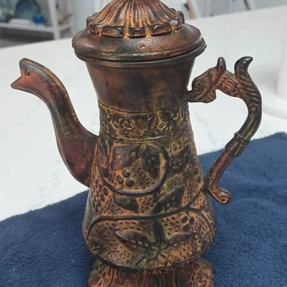 Vintage Cast Iron Decorative Teapot with Bird Spout and Fish Handle